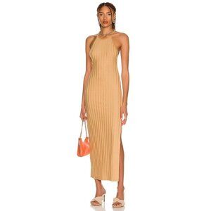 SIMKHAI Womens Megan Rib Racerback Dress in Camel Small Midi Stretch
